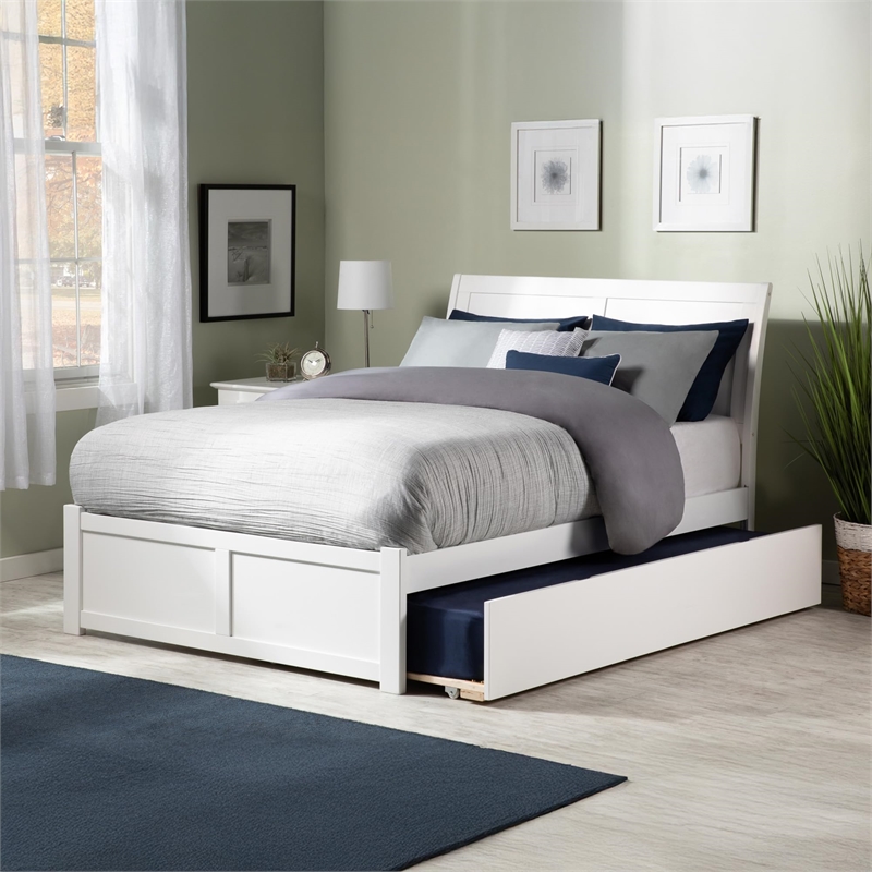 Pemberly Row Full Solid Wood Bed with Full Trundle and USB Charger in White