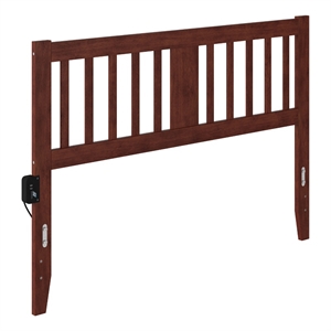 Pemberly Row Queen Spindle Solid Wood Headboard with USB Charger in Walnut