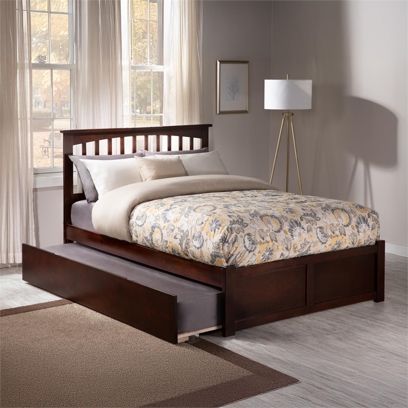 Pemberly Row Mission Queen Wood Platform Bed and Twin XL Trundle in Walnut