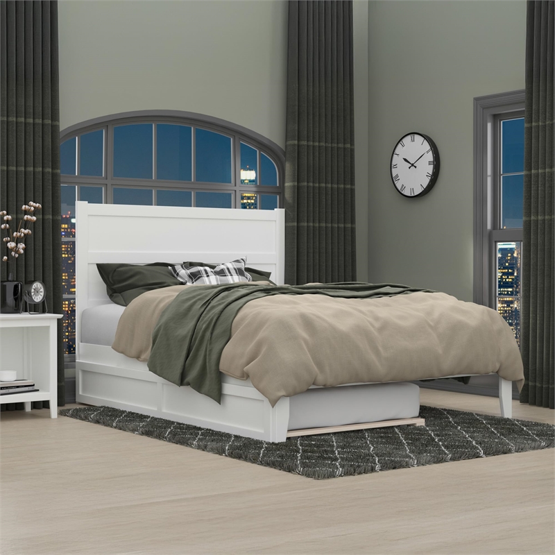 Pemberly Row Coastal Wood Queen Bed with Twin XL Trundle in White