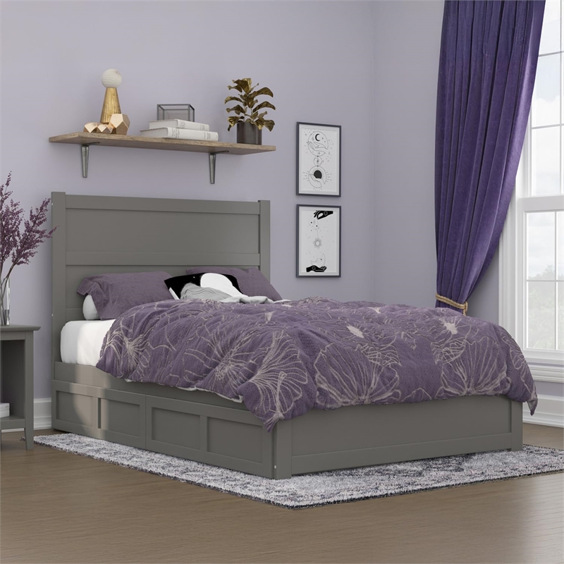 Pemberly Row Wood Full Bed with Footboard and 2 Drawers in Gray