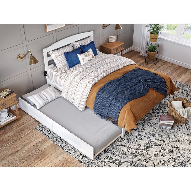 Pemberly Row Modern Solid Wood Full Bed with Twin Trundle in White