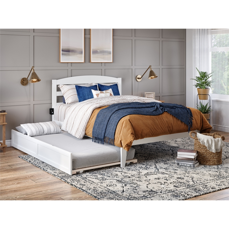 Pemberly Row Modern Solid Wood Full Bed with Twin Trundle in White