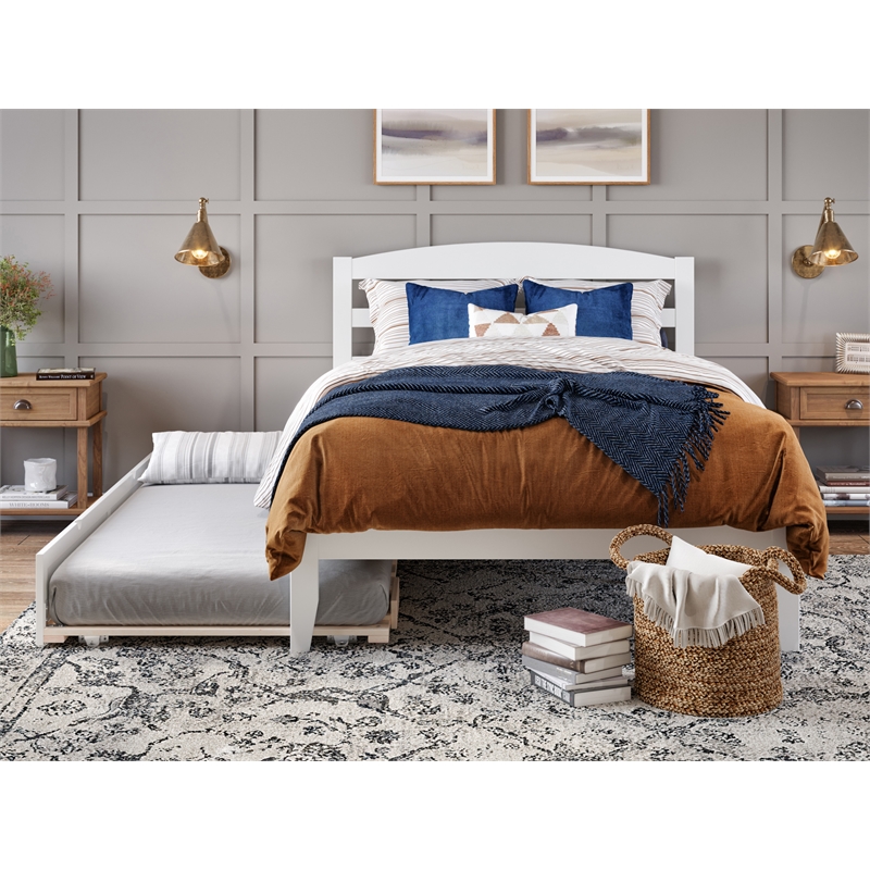 Pemberly Row Modern Solid Wood Full Bed with Twin Trundle in White