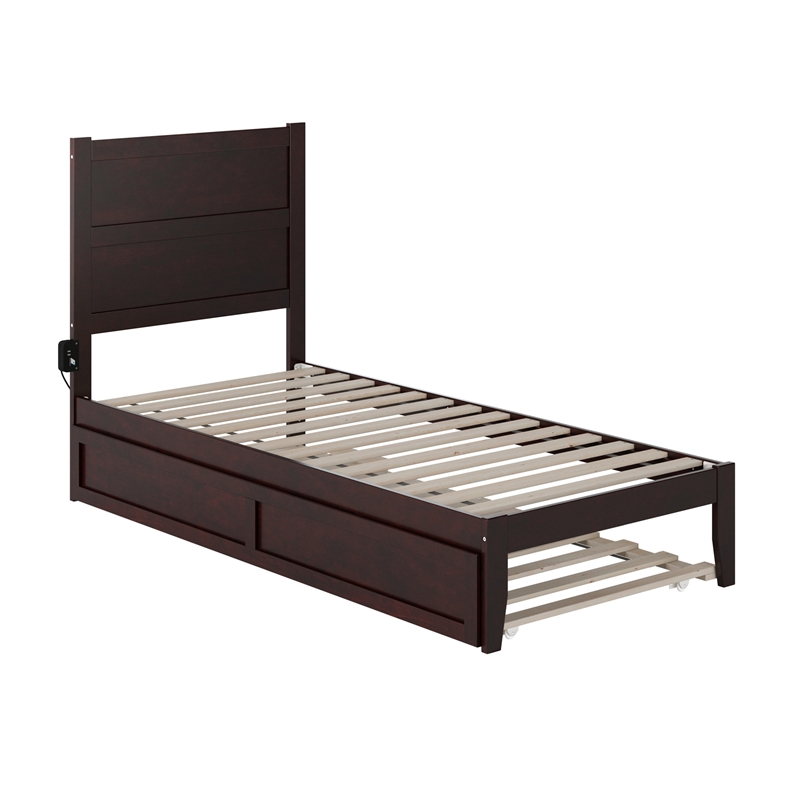 Pemberly Row Solid Wood Twin XL Bed with Twin XL Trundle in Espresso