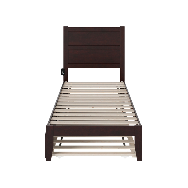 Pemberly Row Solid Wood Twin XL Bed with Twin XL Trundle in Espresso
