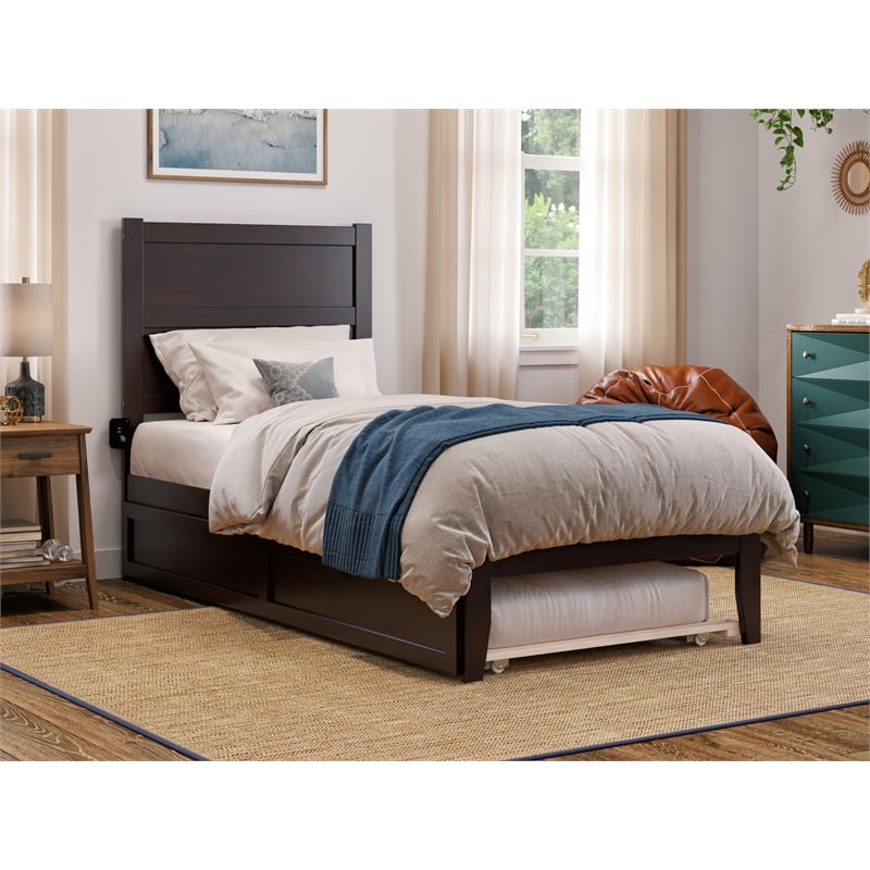 Pemberly Row Solid Wood Twin XL Bed with Twin XL Trundle in Espresso
