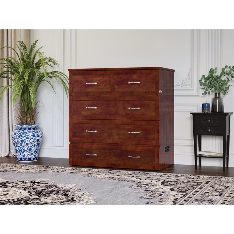Pemberly Row Twin XL Solid Wood Modern Murphy Bed Chest with Mattress in Walnut