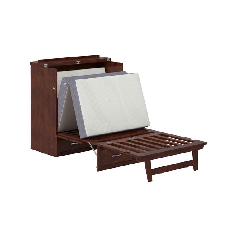 Pemberly Row Twin XL Solid Wood Modern Murphy Bed Chest with Mattress in Walnut