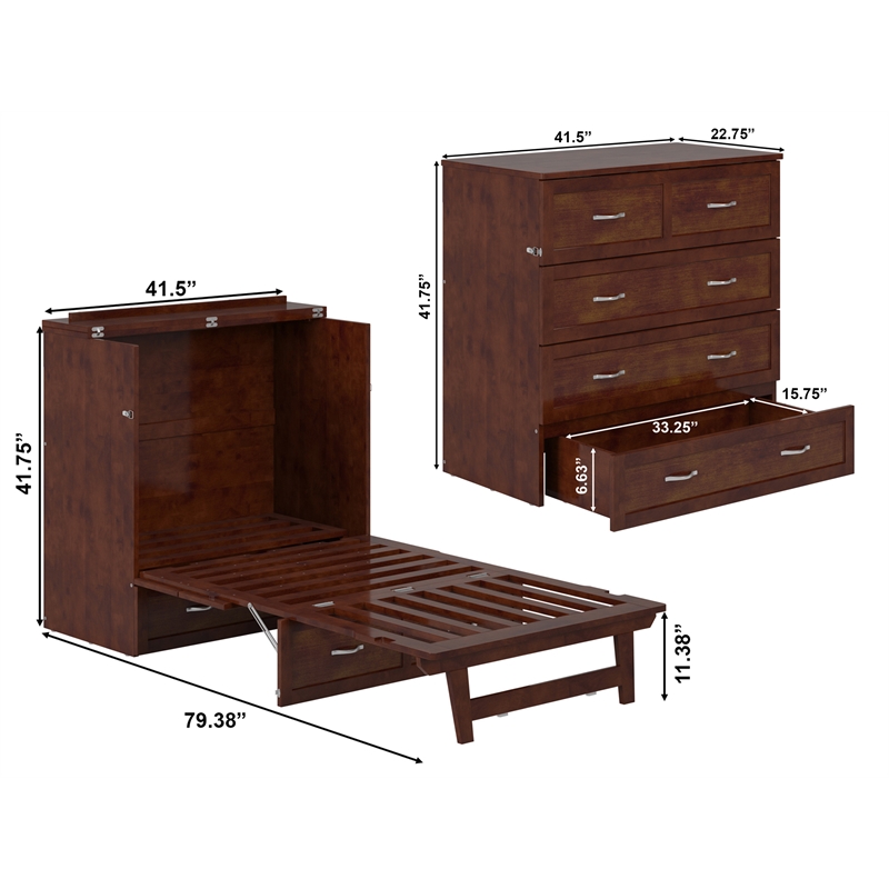 Pemberly Row Twin XL Solid Wood Modern Murphy Bed Chest with Mattress in Walnut