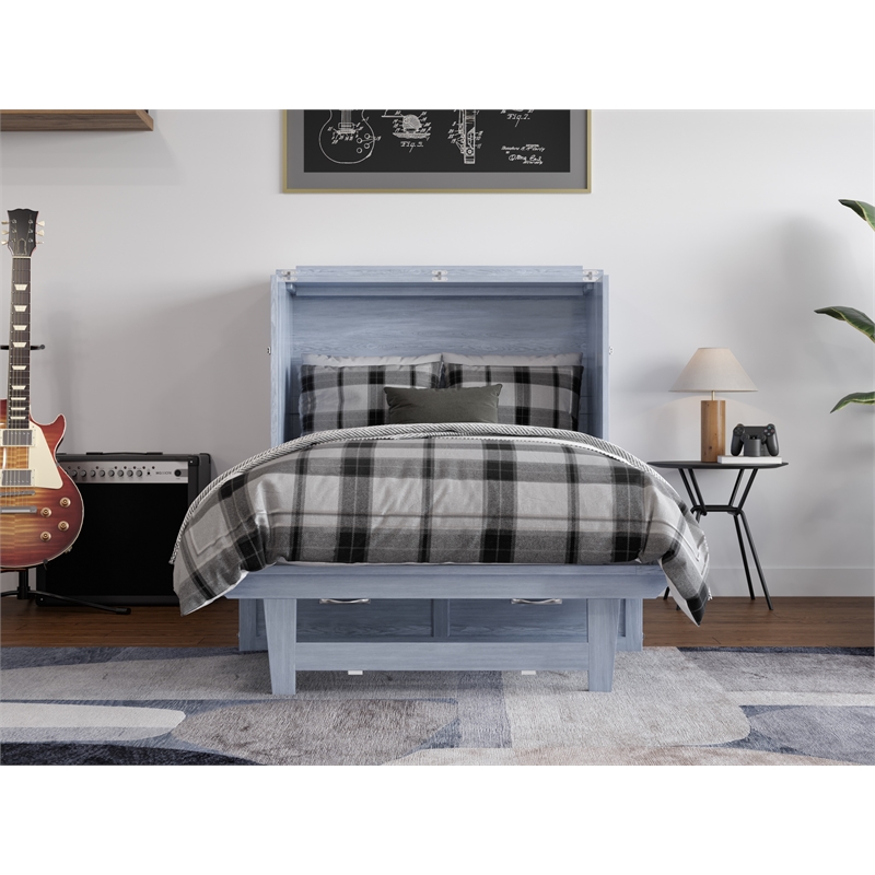 Pemberly Row Twin XL Solid Wood Murphy Bed Chest with Mattress - Driftwood