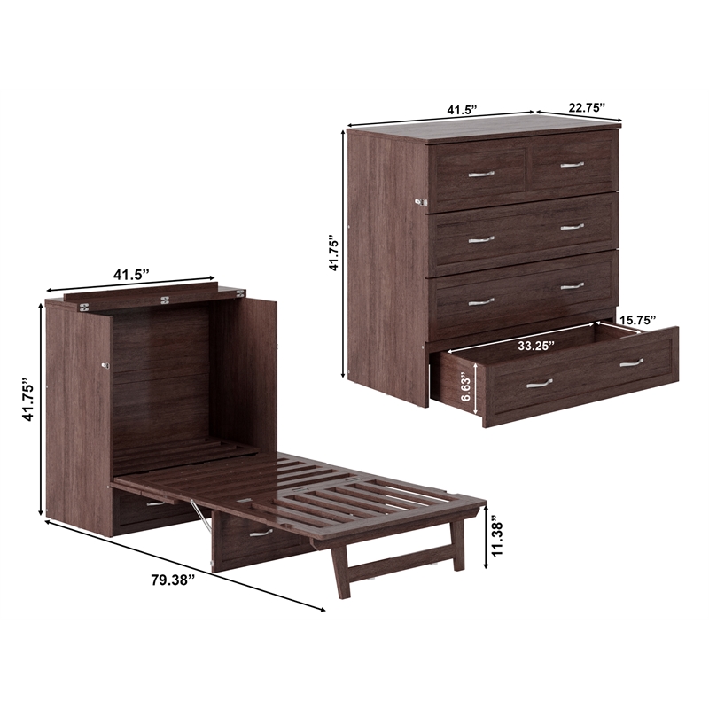 Pemberly Row Twin XL Solid Wood Murphy Bed Chest with Mattress Burnt Amber