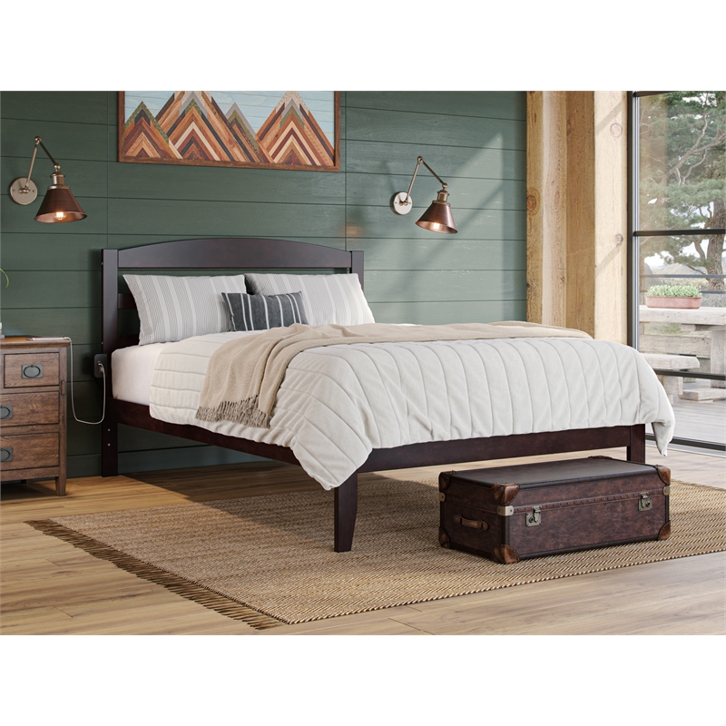 Pemberly Row Solid Wood Queen Platform Bed with USB Charger in Espresso