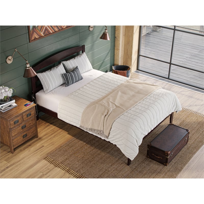 Pemberly Row Solid Wood Queen Platform Bed with USB Charger in Espresso