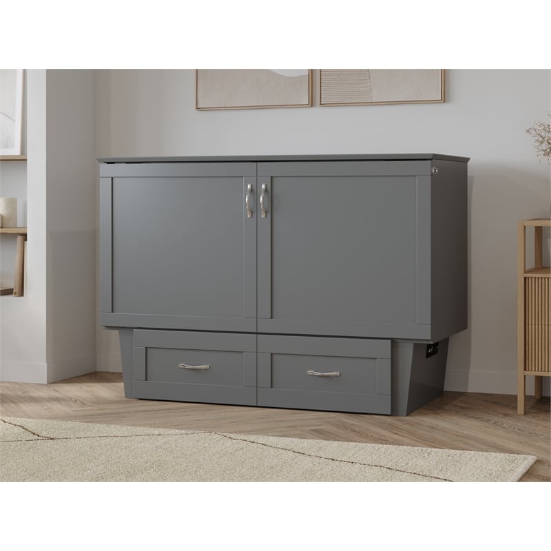 Pemberly Row Solid Wood Frame Full Size Murphy Bed Chest with Mattress in Gray