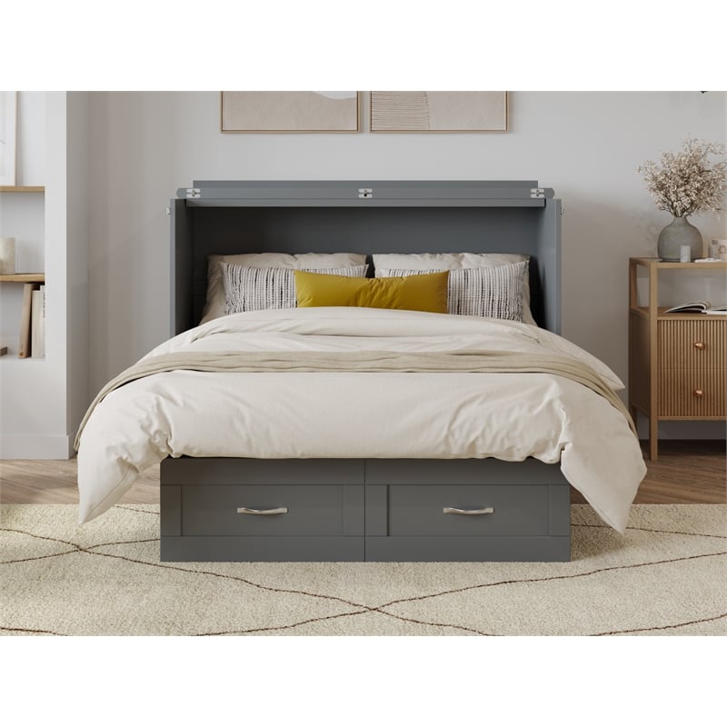 Pemberly Row Solid Wood Frame Full Size Murphy Bed Chest with Mattress in Gray