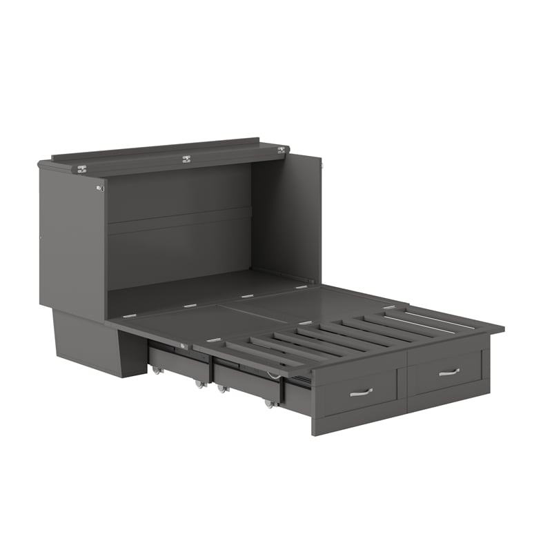 Pemberly Row Solid Wood Frame Full Size Murphy Bed Chest with Mattress in Gray