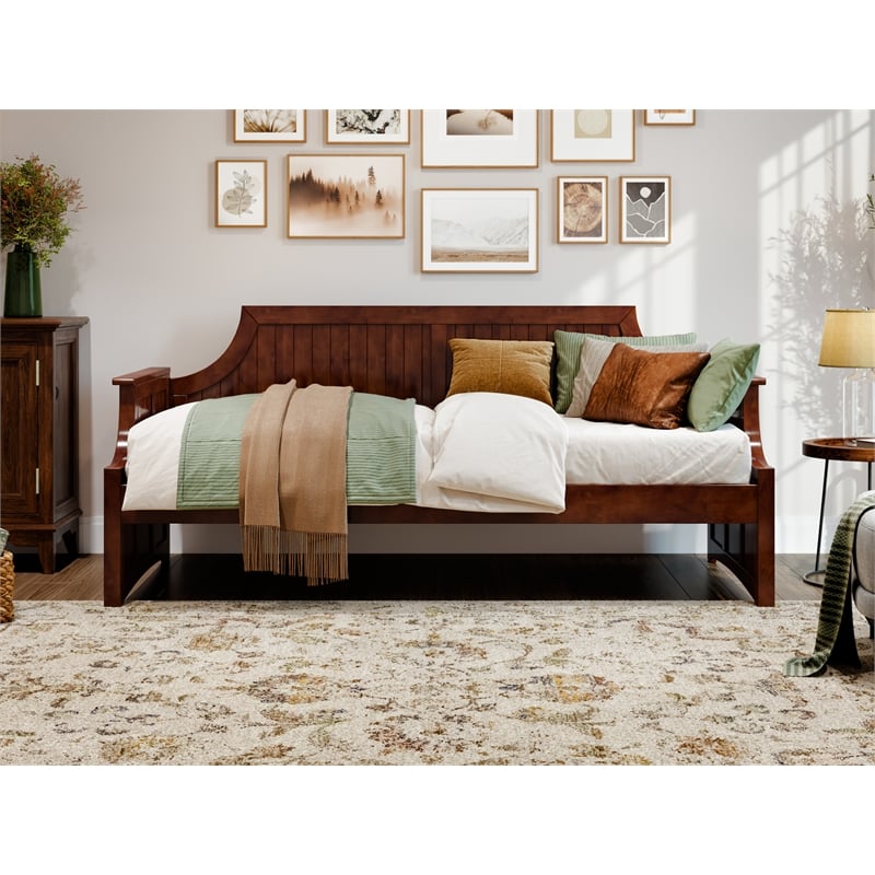 Pemberly Row Mid-Century Solid Wood Twin Daybed with Curved Backboard in Walnut