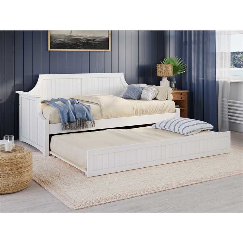 Pemberly Row Mid-Century Solid Wood Daybed with Twin Trundle in White