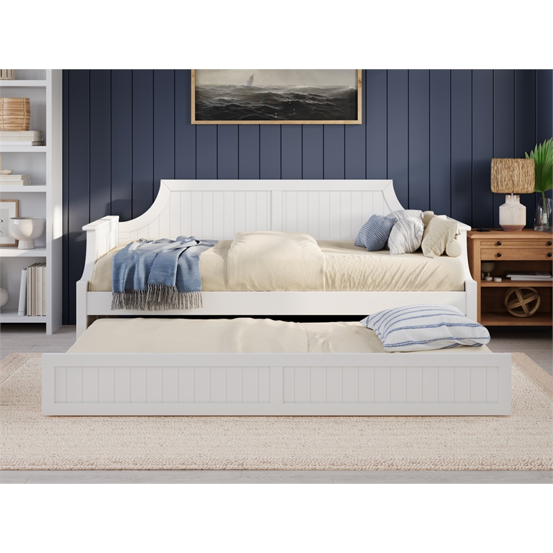 Pemberly Row Mid-Century Solid Wood Daybed with Twin Trundle in White