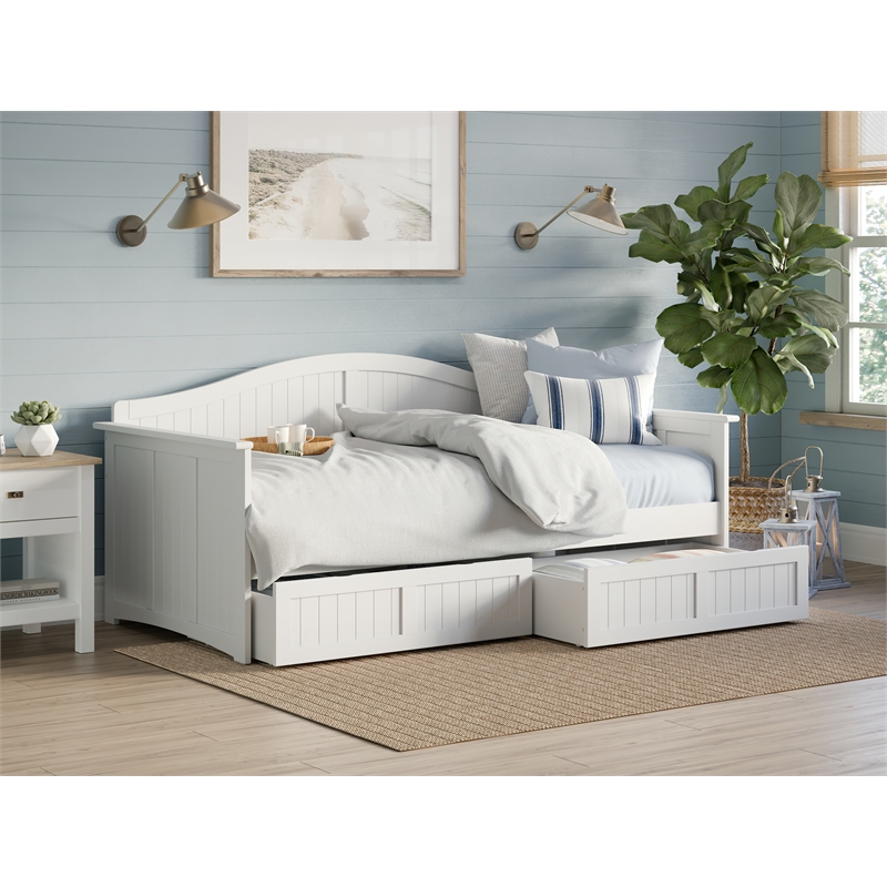 Pemberly Row Mid-Century Solid Wood Twin Daybed with Set of 2 Drawers in White