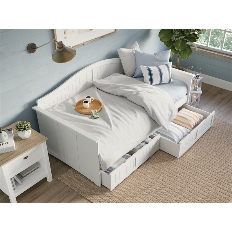 Pemberly Row Mid-Century Solid Wood Twin Daybed with Set of 2 Drawers in White