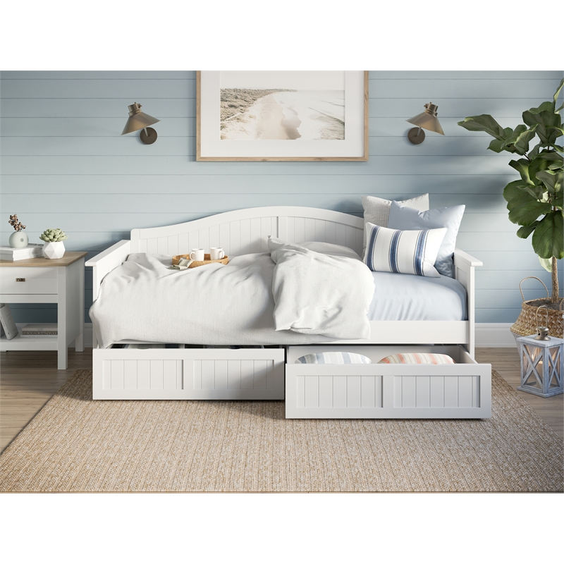 Pemberly Row Mid-Century Solid Wood Twin Daybed with Set of 2 Drawers in White