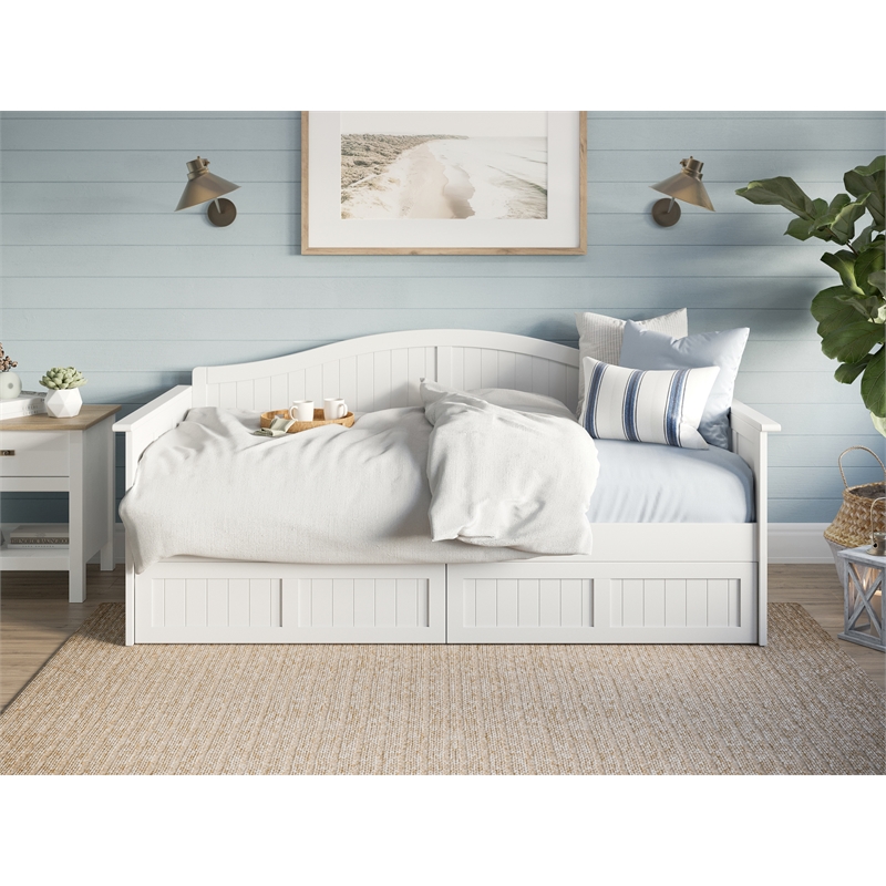 Pemberly Row Mid-Century Solid Wood Twin Daybed with Set of 2 Drawers in White