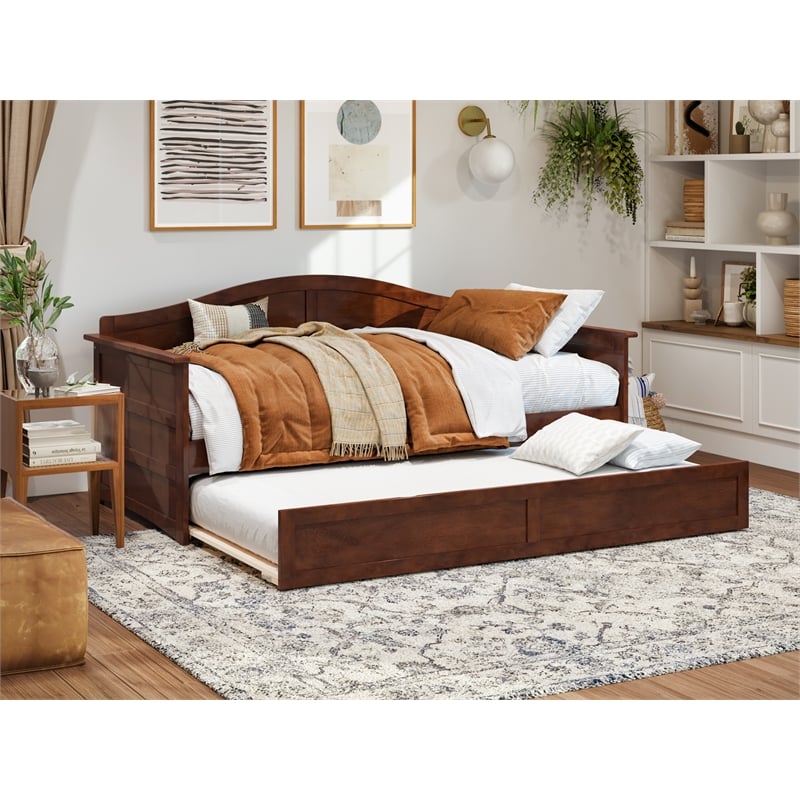 Pemberly Row Mid-Century Solid Wood Daybed with Twin Trundle in Walnut