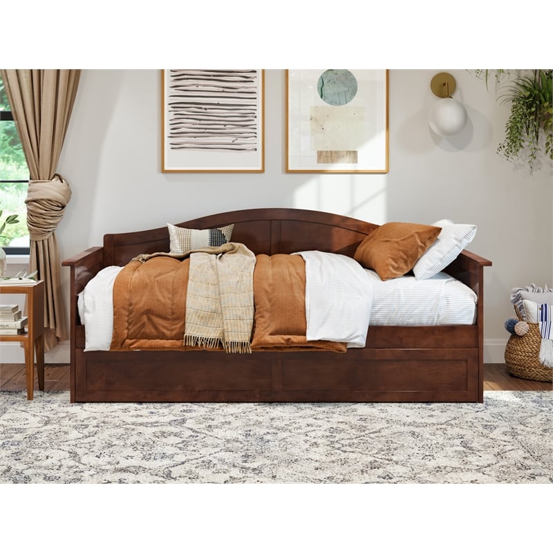 Pemberly Row Mid-Century Solid Wood Daybed with Twin Trundle in Walnut