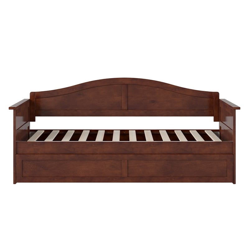 Pemberly Row Mid-Century Solid Wood Daybed with Twin Trundle in Walnut