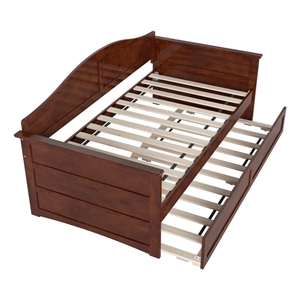 Pemberly Row Mid-Century Solid Wood Daybed with Twin Trundle in Walnut