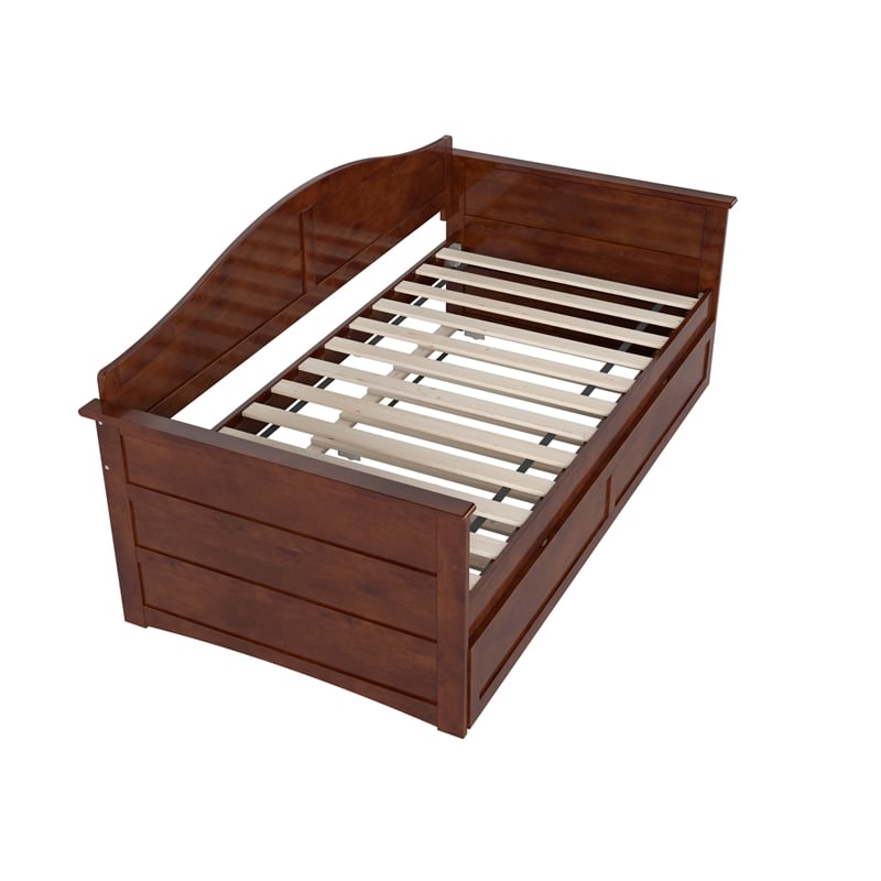 Pemberly Row Mid-Century Solid Wood Daybed with Twin Trundle in Walnut