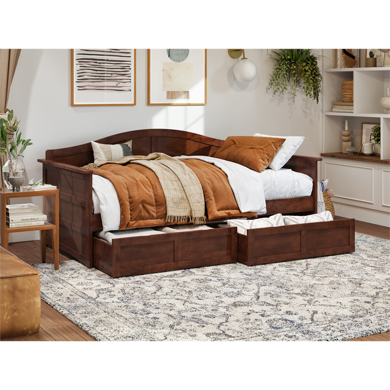 Pemberly Row Mid-Century Solid Wood Twin Daybed with Set of 2 Drawers in Walnut