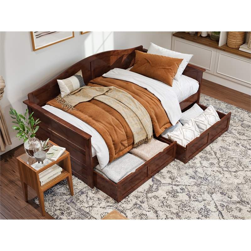 Pemberly Row Mid-Century Solid Wood Twin Daybed with Set of 2 Drawers in Walnut