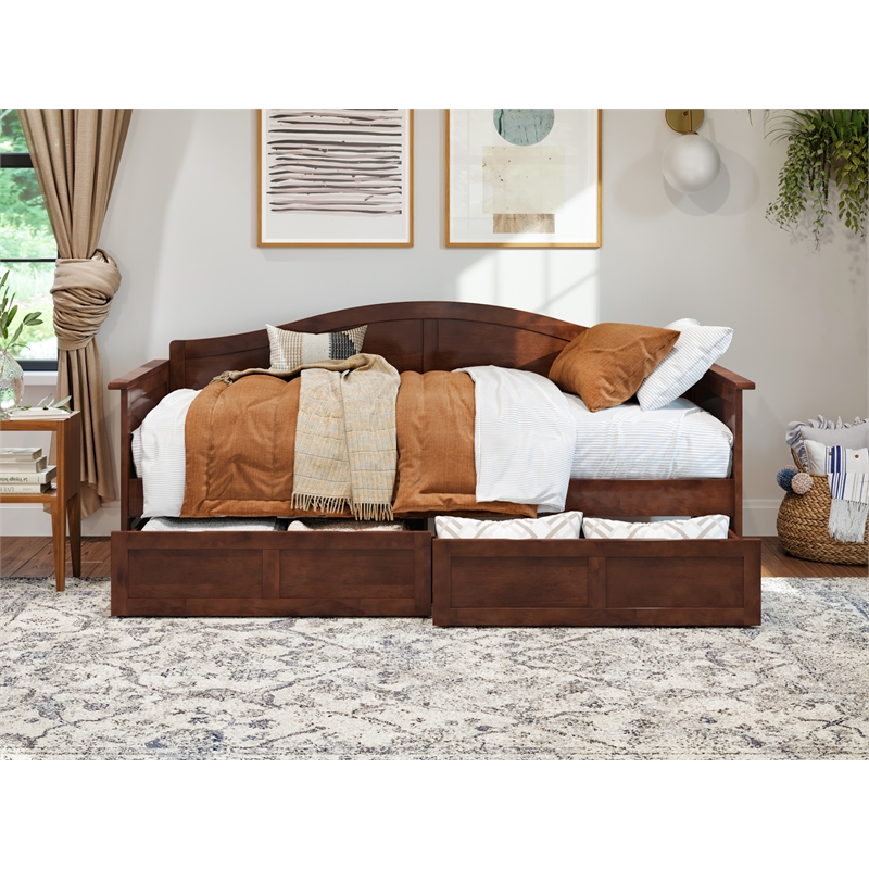 Pemberly Row Mid-Century Solid Wood Twin Daybed with Set of 2 Drawers in Walnut