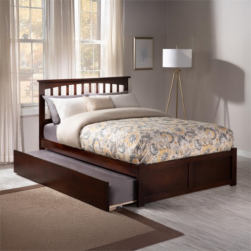 Pemberly Row Mission Wood King Platform Bed and Twin XL Trundle in Walnut