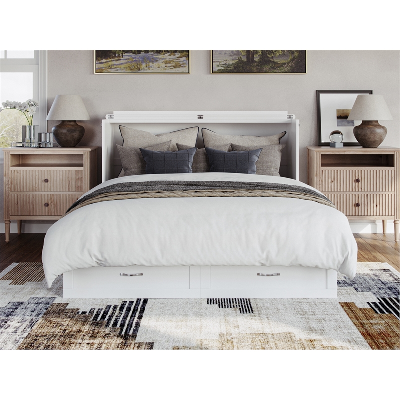 Pemberly Row Modern Queen Solid Wood Murphy Bed Chest with Mattress in White