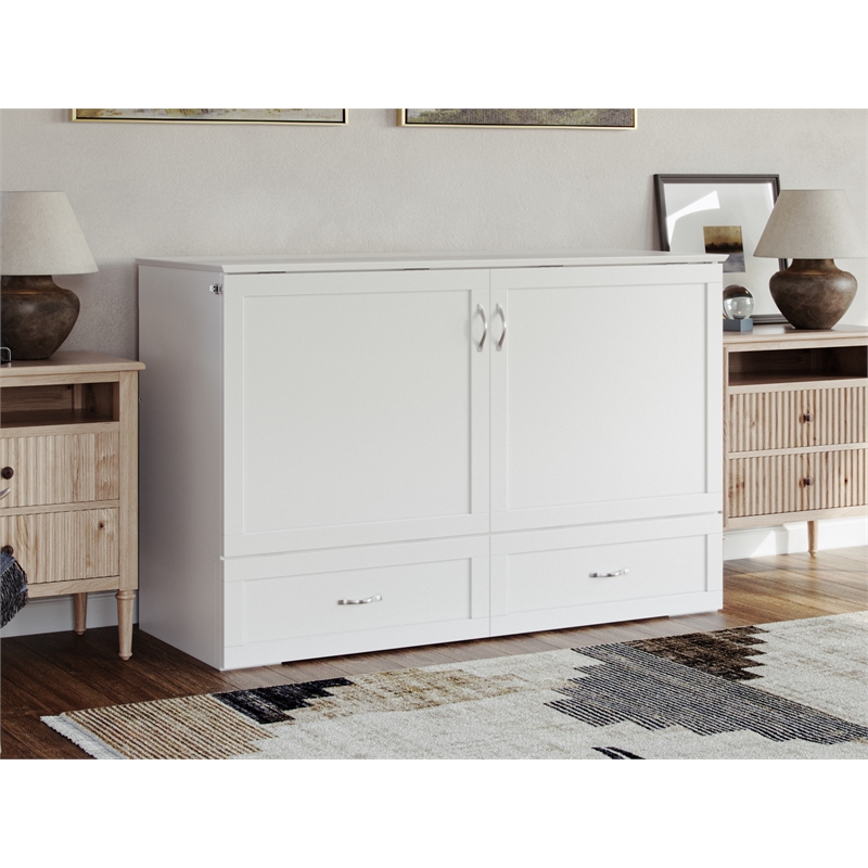 Pemberly Row Modern Queen Solid Wood Murphy Bed Chest with Mattress in White