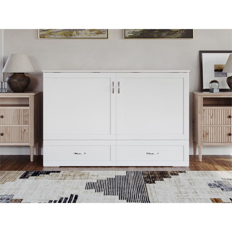 Pemberly Row Modern Queen Solid Wood Murphy Bed Chest with Mattress in White
