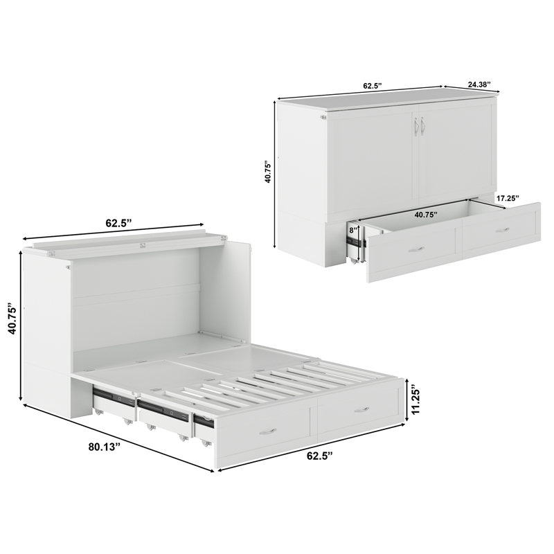 Pemberly Row Modern Queen Solid Wood Murphy Bed Chest with Mattress in White
