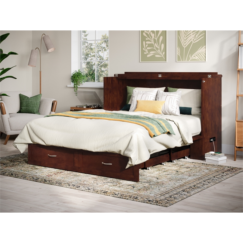 Pemberly Row Modern Queen Solid Wood Murphy Bed Chest with Mattress in Walnut
