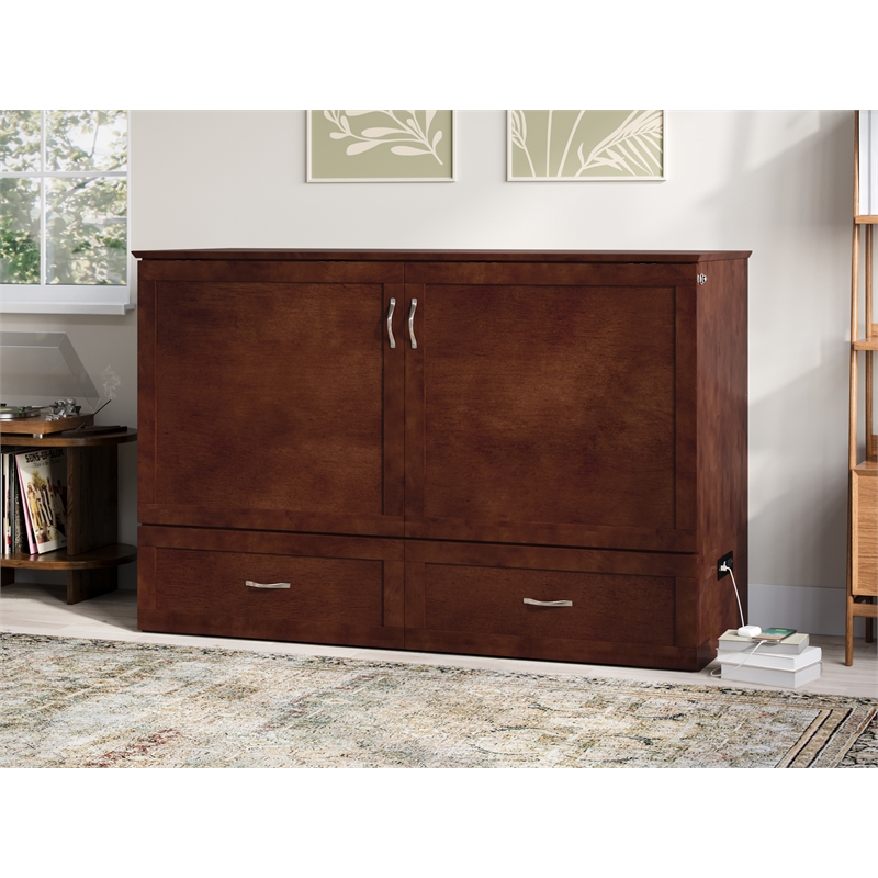 Pemberly Row Modern Queen Solid Wood Murphy Bed Chest with Mattress in Walnut