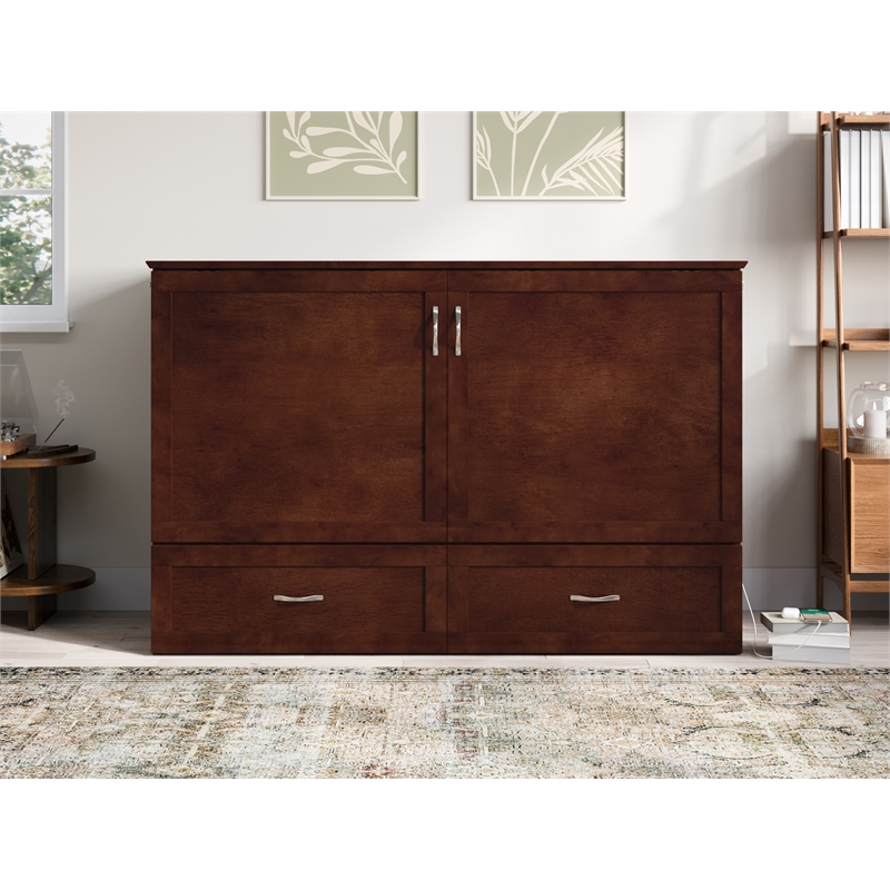 Pemberly Row Modern Queen Solid Wood Murphy Bed Chest with Mattress in Walnut