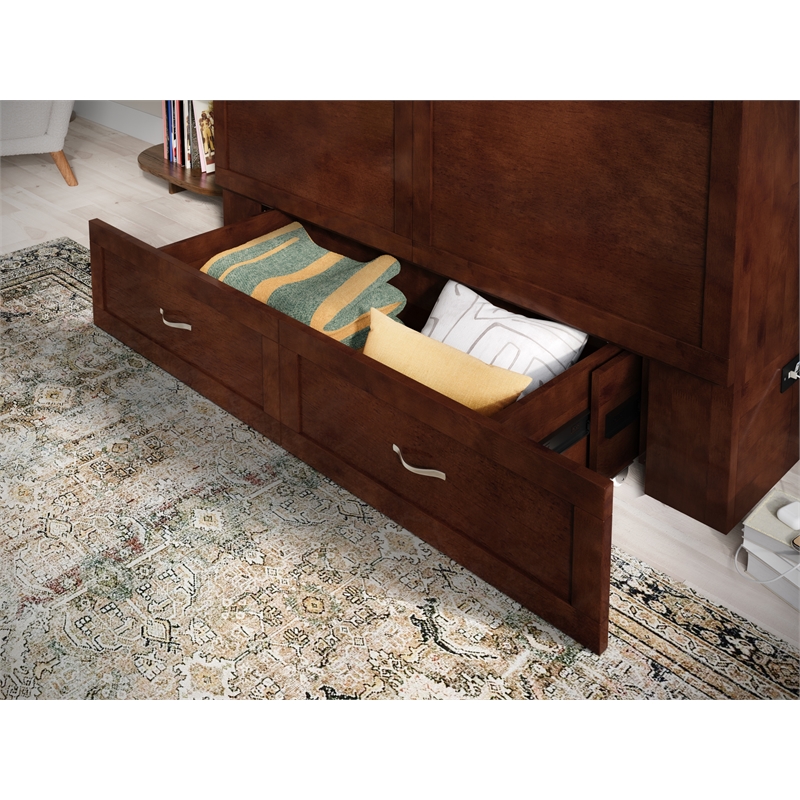 Pemberly Row Modern Queen Solid Wood Murphy Bed Chest with Mattress in Walnut