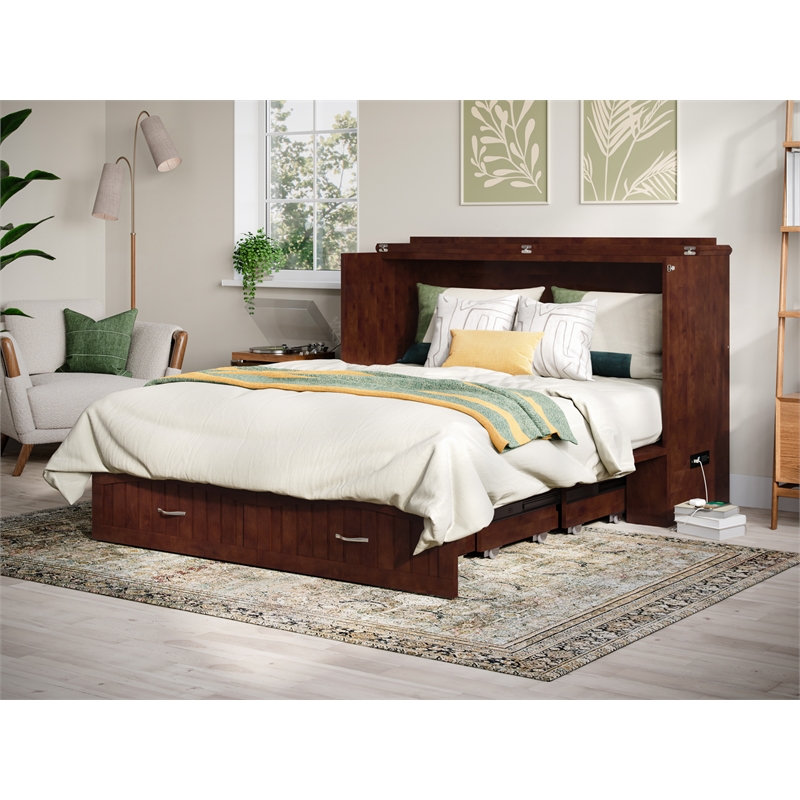 Pemberly Row Queen Solid Wood Murphy Bed Chest with Mattress in Walnut