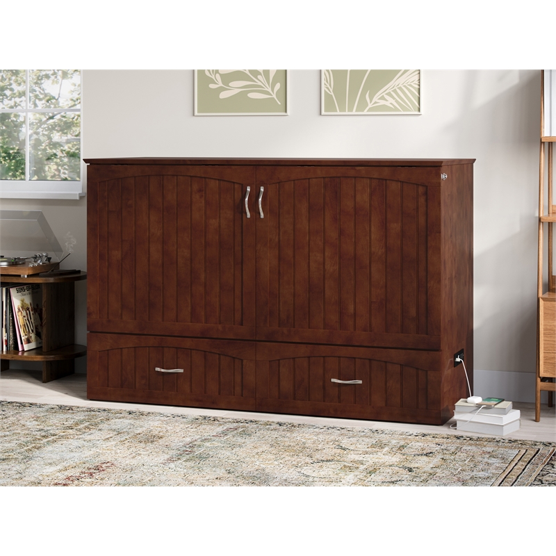 Pemberly Row Queen Solid Wood Murphy Bed Chest with Mattress in Walnut