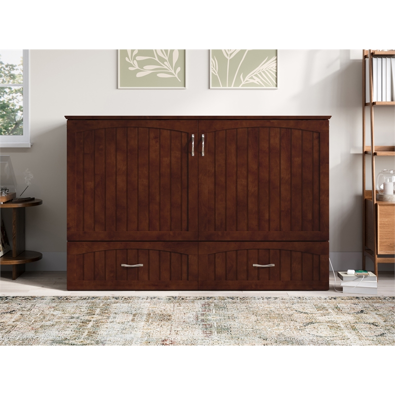 Pemberly Row Queen Solid Wood Murphy Bed Chest with Mattress in Walnut