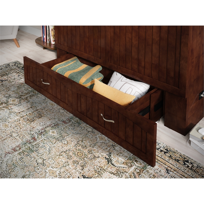 Pemberly Row Queen Solid Wood Murphy Bed Chest with Mattress in Walnut