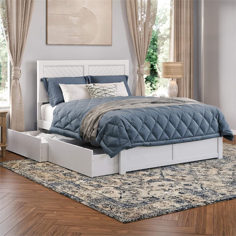 Pemberly Row Wood Platform Full Size Bed with 2 Storage Drawers in White